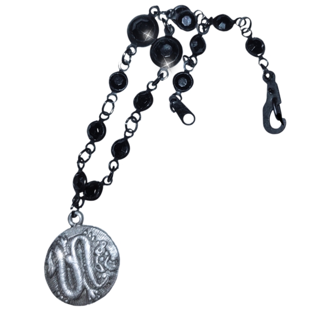 Stamped Dragon Serpent Black Bead Charm Bracelet